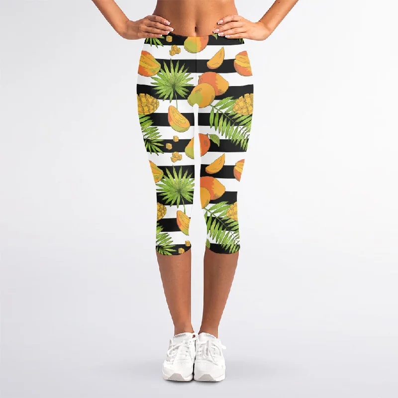 Mango Fruit Striped Pattern Print Women's Capri Leggings Cozy Warmth Leggings