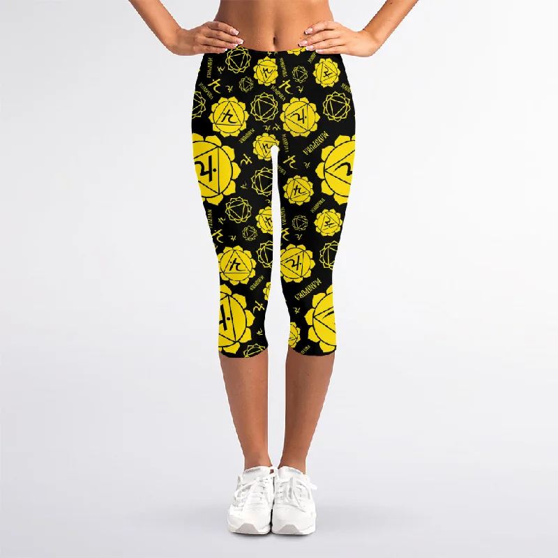 Manipura Chakra Pattern Print Women's Capri Leggings Chic Floral Print Leggings