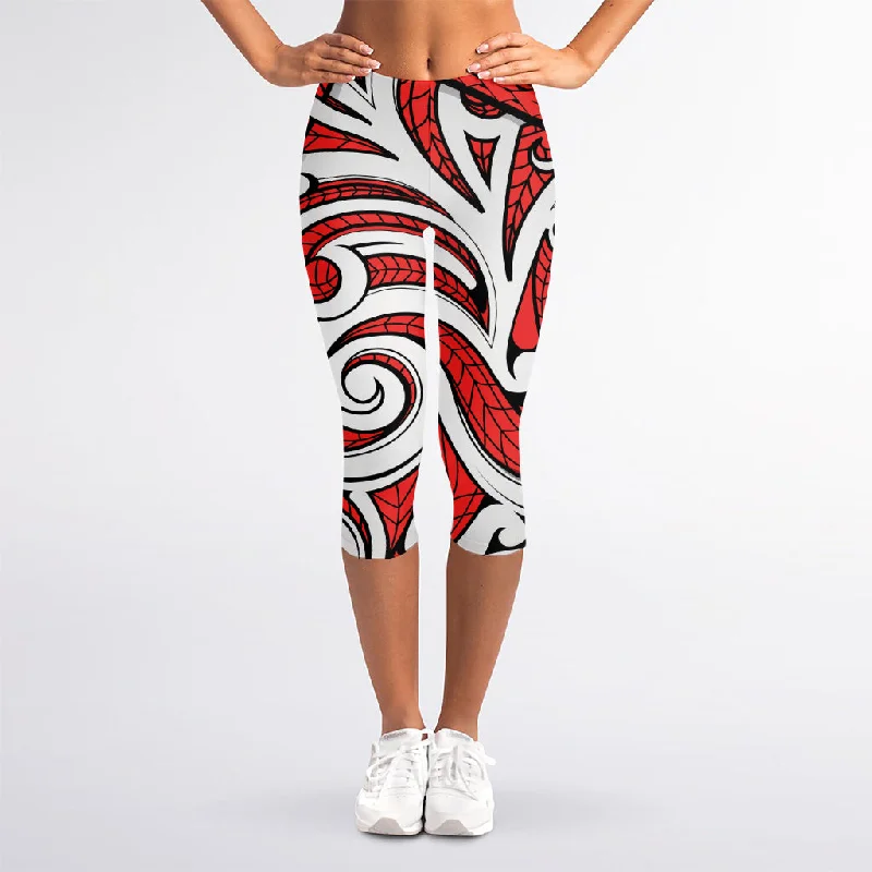 Maori Kowhaiwhai Tribal Polynesian Print Women's Capri Leggings Trendy Mesh Leggings