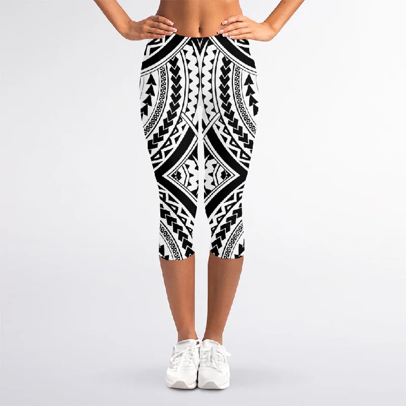 Maori Tribal Polynesian Tattoo Print Women's Capri Leggings Trendy Activewear Leggings