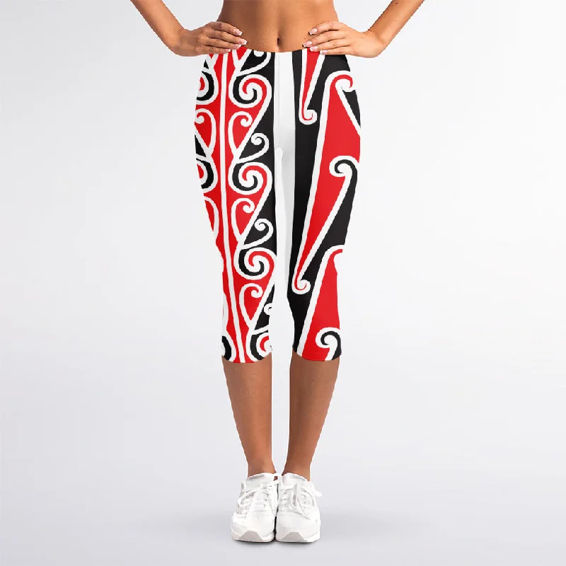 Maori Tribal Print Women's Capri Leggings Trendy Color Block Leggings