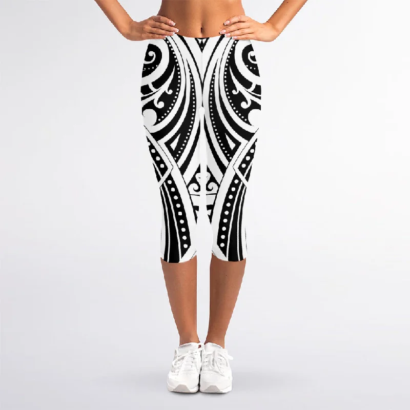 Maori Tribal Tattoo Pattern Print Women's Capri Leggings Elegant Stretchy Faux Leather Leggings