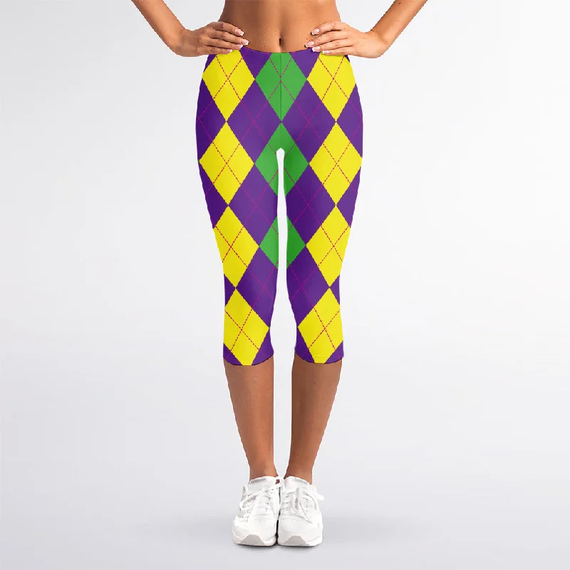 Mardi Gras Argyle Pattern Print Women's Capri Leggings Trendy Ombre Effect Leggings