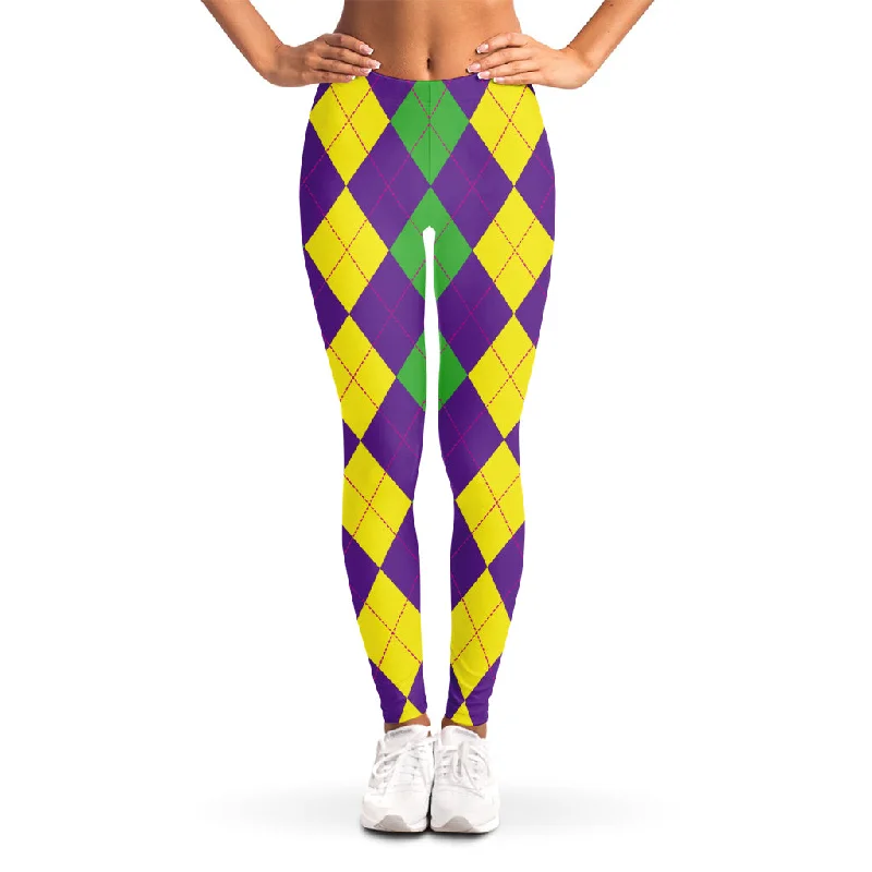 Mardi Gras Argyle Pattern Print Women's Leggings Cozy Textured Workout Leggings