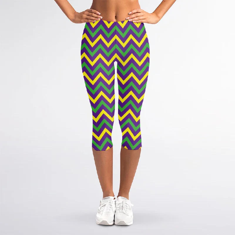 Mardi Gras Chevron Pattern Print Women's Capri Leggings Cozy Full-Length Workout Leggings