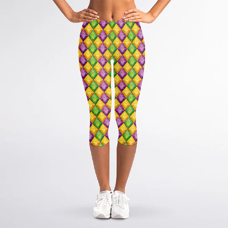 Mardi Gras Diamond Pattern Print Women's Capri Leggings Fashionable Sports Leggings