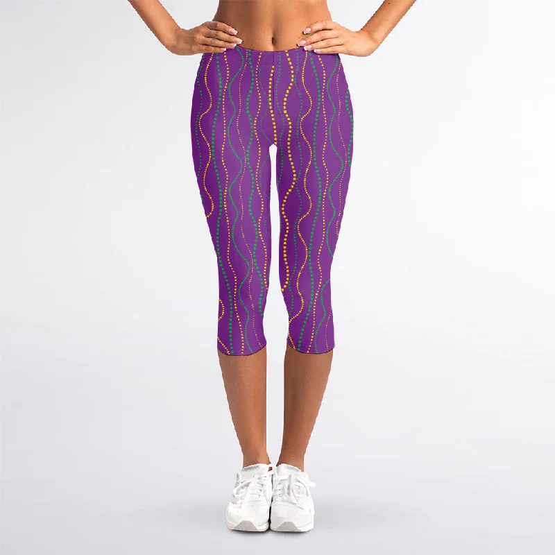 Mardi Gras Dot Pattern Print Women's Capri Leggings Comfortable Bootcut Workout Leggings