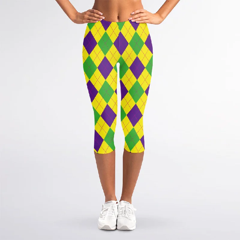 Mardi Gras Fat Tuesday Argyle Print Women's Capri Leggings Casual Black Leggings