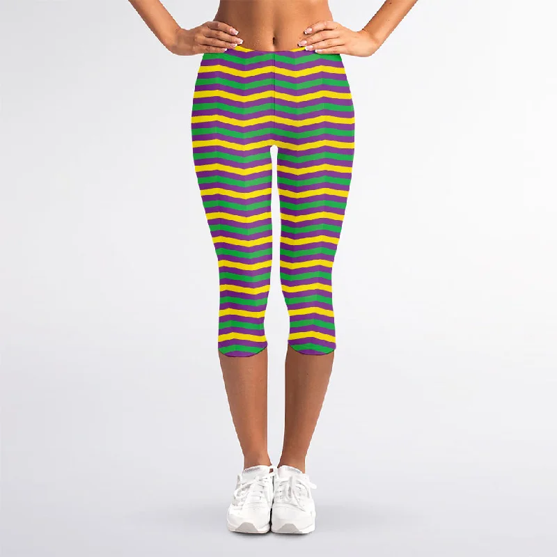 Mardi Gras Fat Tuesday Chevron Print Women's Capri Leggings Comfortable Compression Leggings