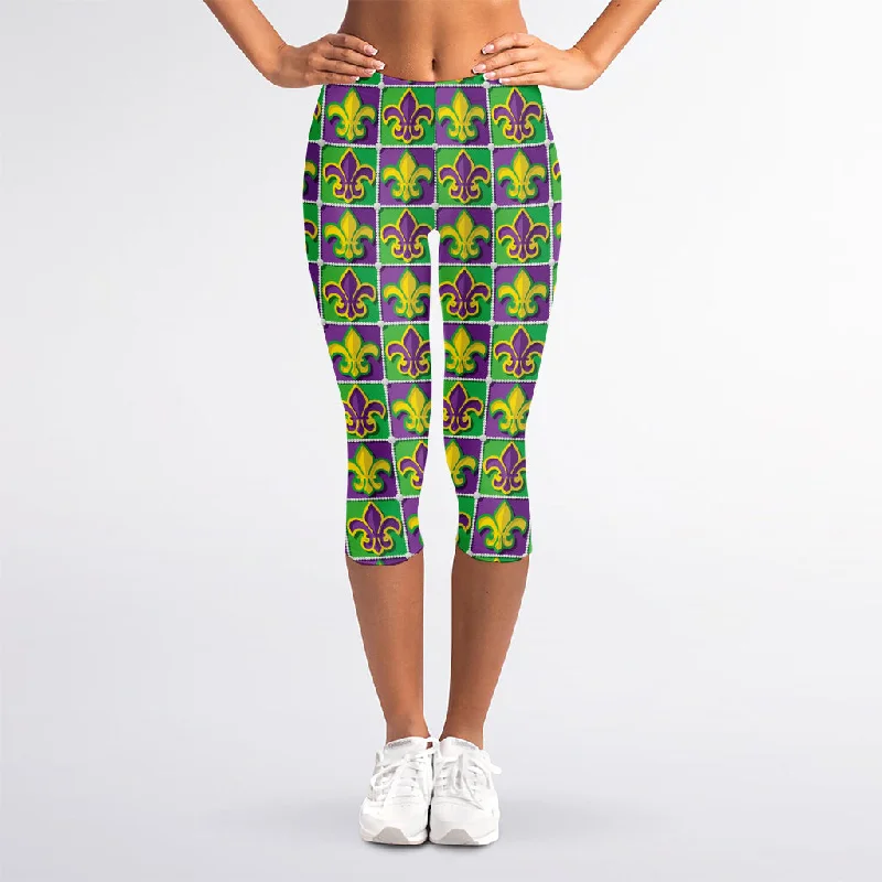 Mardi Gras Fleur De Lis Pattern Print Women's Capri Leggings Fashionable Leather-Look Leggings