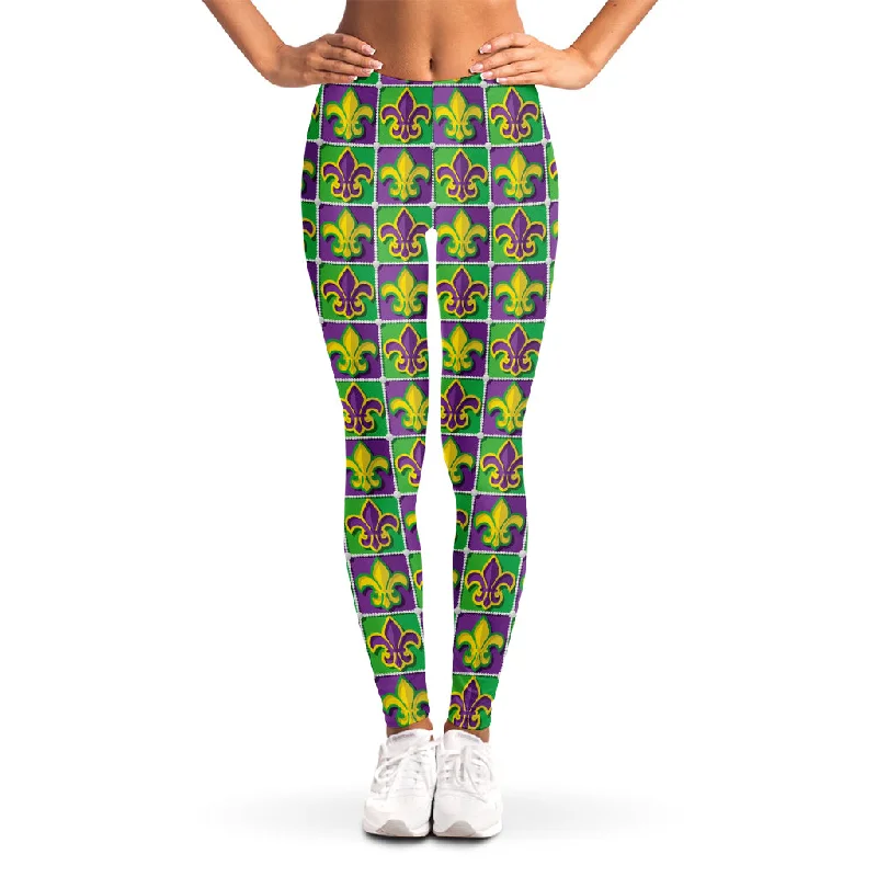 Mardi Gras Fleur De Lis Pattern Print Women's Leggings Stylish Colorful Activewear Leggings