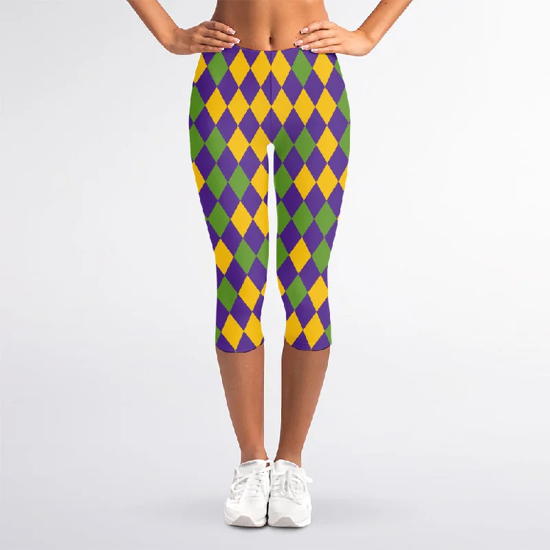 Mardi Gras Harlequin Pattern Print Women's Capri Leggings Cozy Cotton Leggings