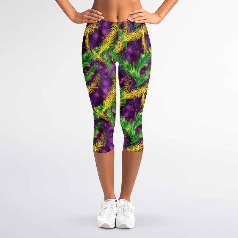 Mardi Gras Palm Leaf Pattern Print Women's Capri Leggings Comfortable Stretch Leggings