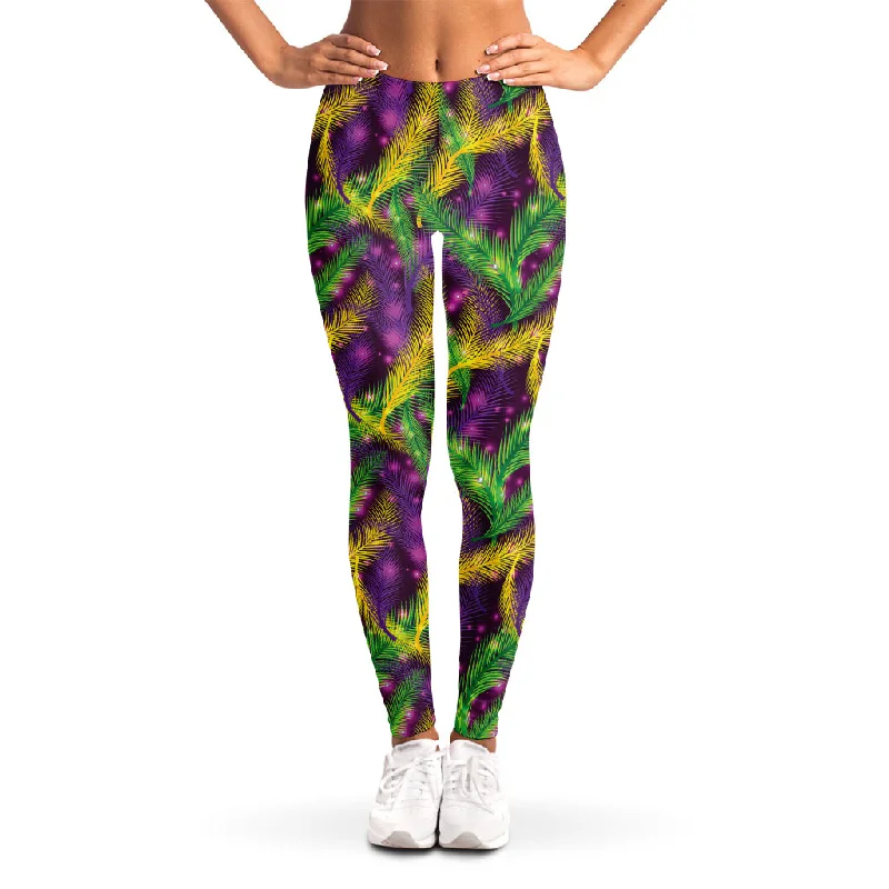 Mardi Gras Palm Leaf Pattern Print Women's Leggings Elegant Sheer Leggings