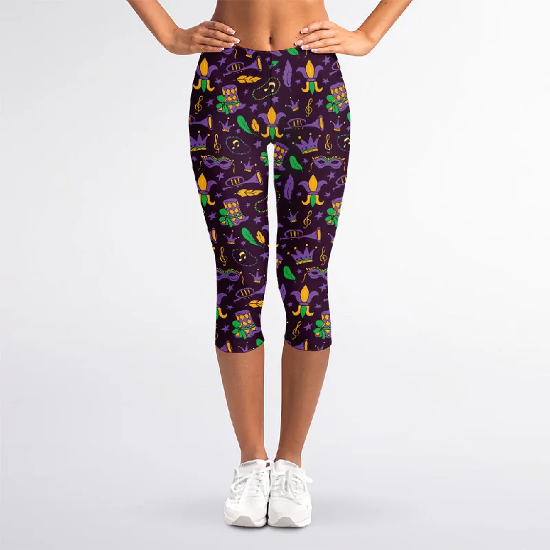 Mardi Gras Party Pattern Print Women's Capri Leggings Trendy Cut-Out Activewear Leggings