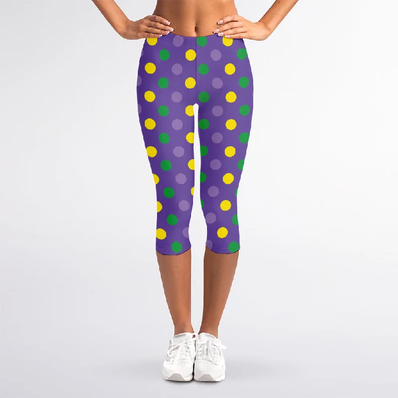 Mardi Gras Polka Dot Pattern Print Women's Capri Leggings Stylish Printed Sport Leggings