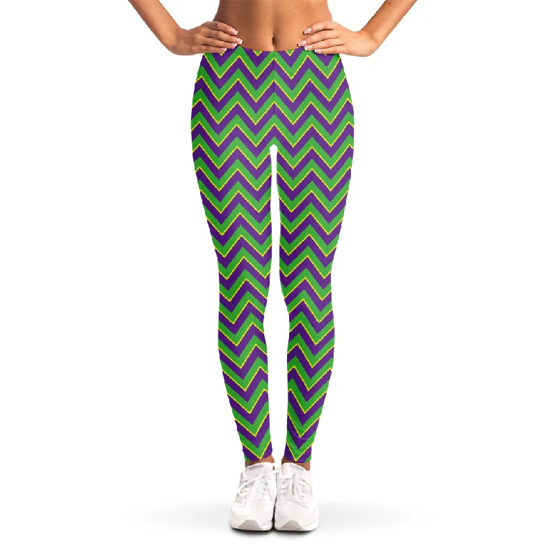 Mardi Gras Zigzag Pattern Print Women's Leggings Elegant Satin Finish Leggings