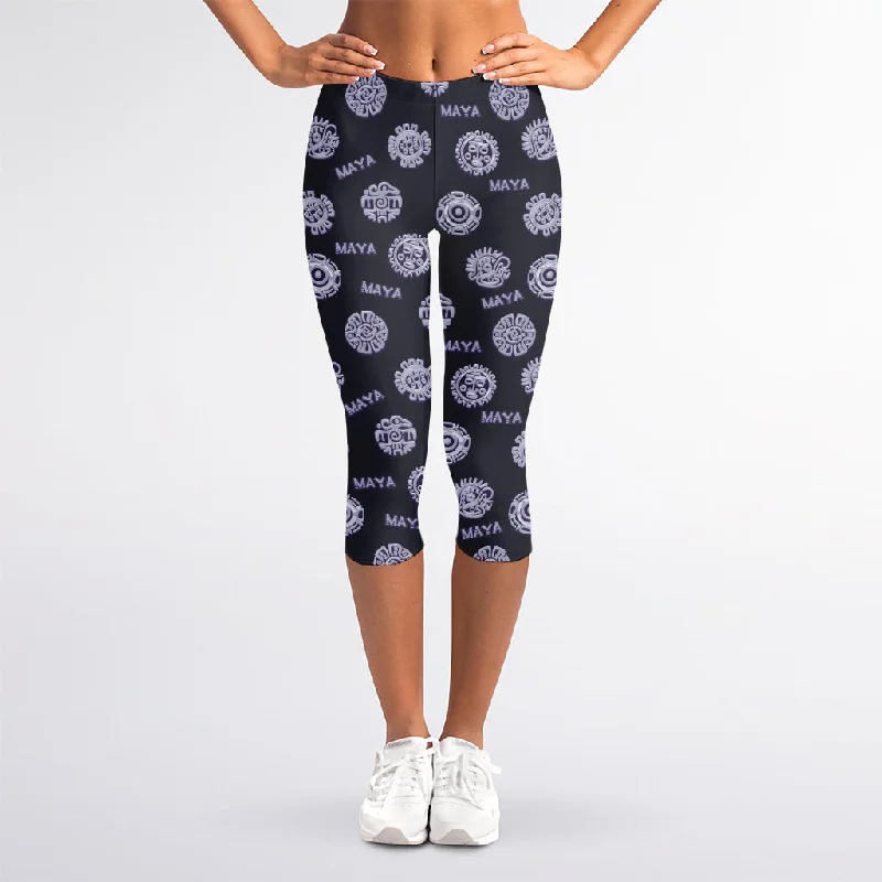 Maya Symbol Pattern Print Women's Capri Leggings Comfortable Bootcut Workout Leggings