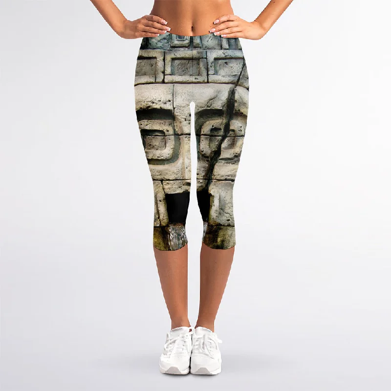 Mayan Stone Print Women's Capri Leggings Elegant Animal Print Leggings