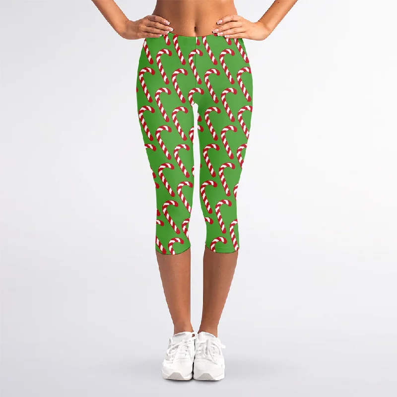 Merry Christmas Candy Cane Pattern Print Women's Capri Leggings Trendy Fitness Leggings