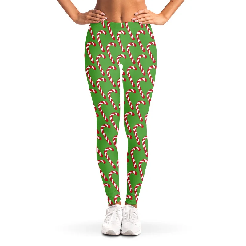 Merry Christmas Candy Cane Pattern Print Women's Leggings Comfortable Zip-Up Leggings