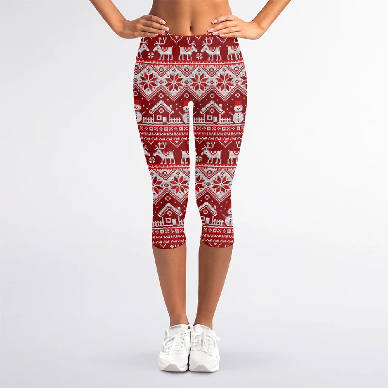 Merry Christmas Knitted Pattern Print Women's Capri Leggings Fashionable Sports Compression Leggings