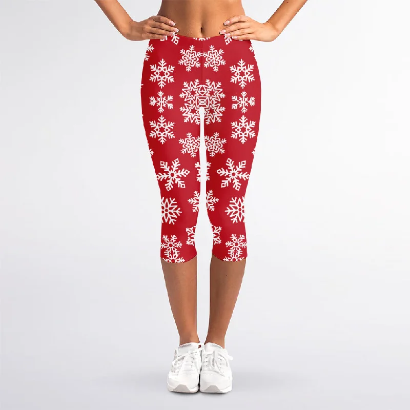 Merry Christmas Snowflakes Pattern Print Women's Capri Leggings Trendy Polka Dot Leggings