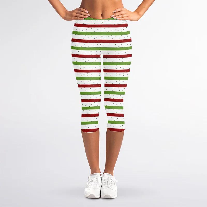 Merry Christmas Striped Pattern Print Women's Capri Leggings Trendy Side-Pocket Leggings