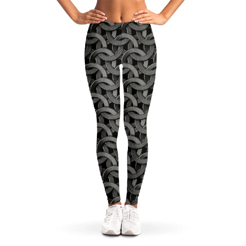 Metal Chainmail Pattern Print Women's Leggings Elegant Casual Fit Leggings