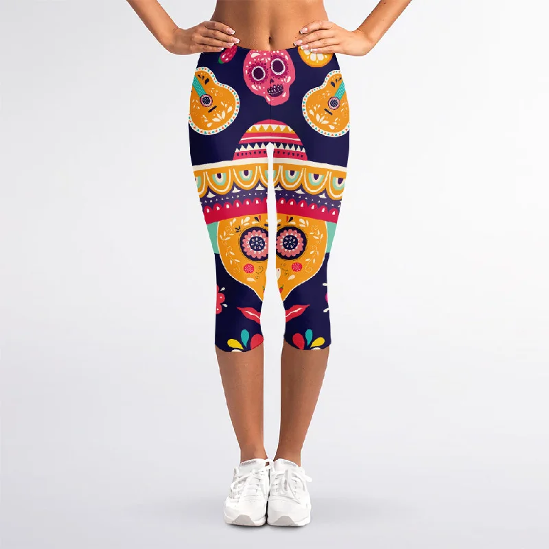 Mexican Skull Cinco de Mayo Print Women's Capri Leggings Cozy Full-Length Workout Leggings