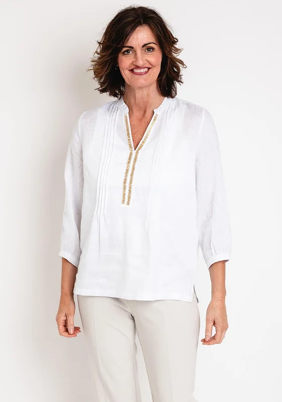 Micha Beaded Embellished Linen Shirt, White Striped Floral Plaid