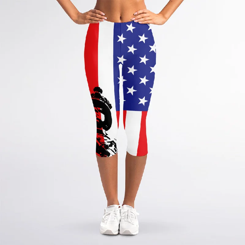 Military American Flag Print Women's Capri Leggings Casual Black Leggings