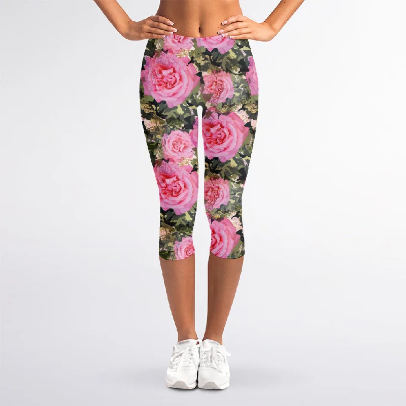 Military Camouflage Flower Pattern Print Women's Capri Leggings Fashionable Sports Leggings