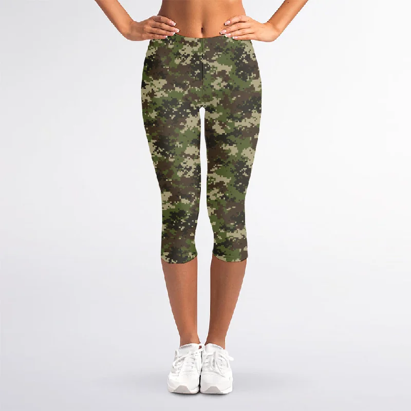 Military Digital Camo Pattern Print Women's Capri Leggings Stylish Stretch-Waist Leggings