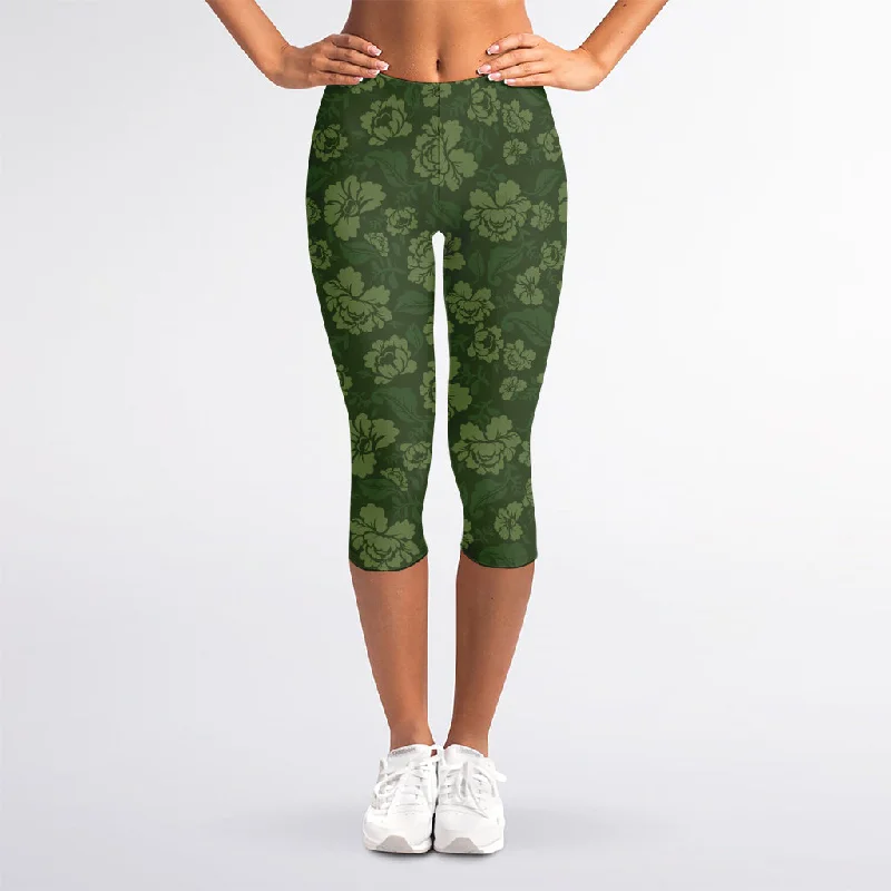 Military Green Camo Flower Pattern Print Women's Capri Leggings Chic Floral Print Leggings