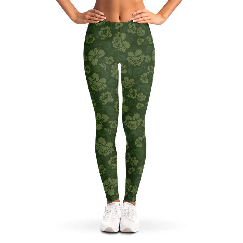 Military Green Camo Flower Pattern Print Women's Leggings Trendy Minimalist Leggings