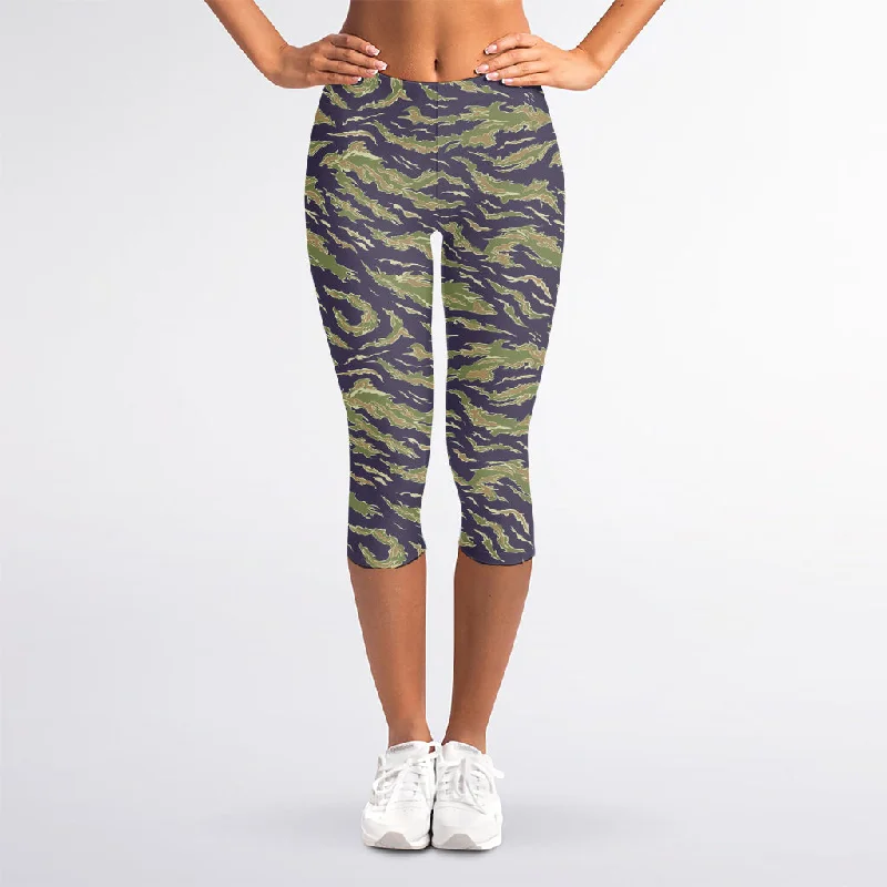 Military Tiger Stripe Camouflage Print Women's Capri Leggings Cozy Sweat-Wicking Leggings