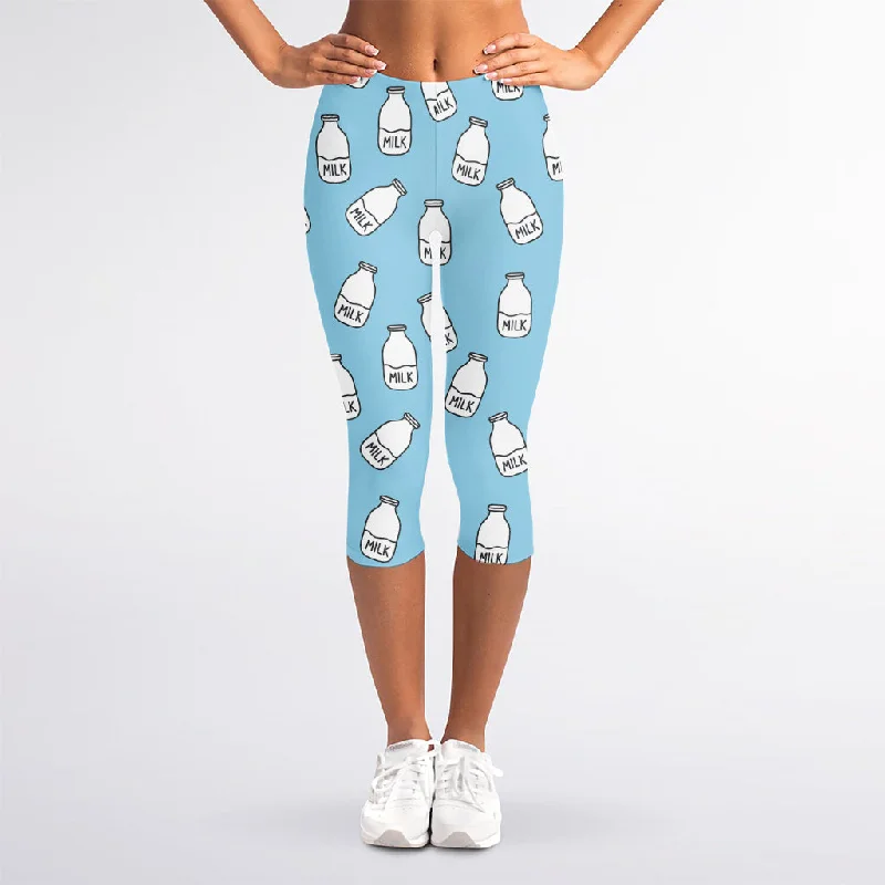 Milk Bottle Cartoon Pattern Print Women's Capri Leggings Fashionable Seamless Leggings