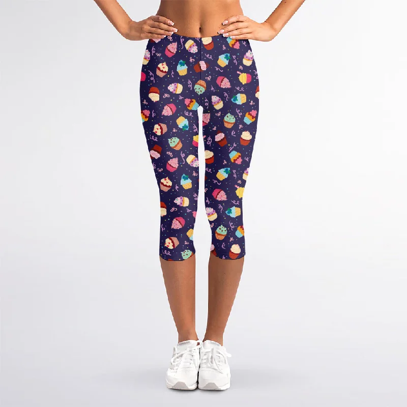 Mini Cupcake Pattern Print Women's Capri Leggings Stylish High-Waisted Leggings