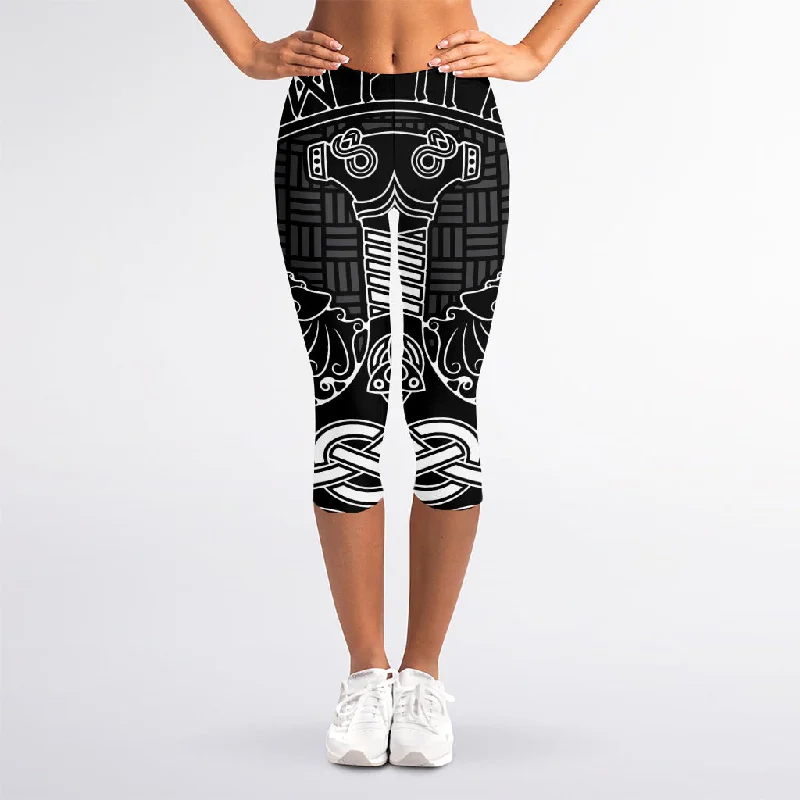 Mjolnir And Scandinavian Runes Print Women's Capri Leggings Comfortable Fleece-Lined Leggings