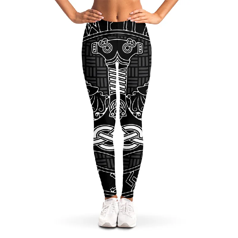 Mjolnir And Scandinavian Runes Print Women's Leggings Elegant Sheer Leggings