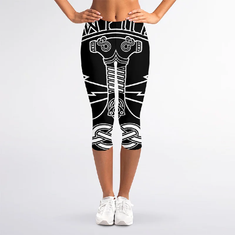 Mjolnir And Younger Futhark Print Women's Capri Leggings Trendy Patterned Leggings