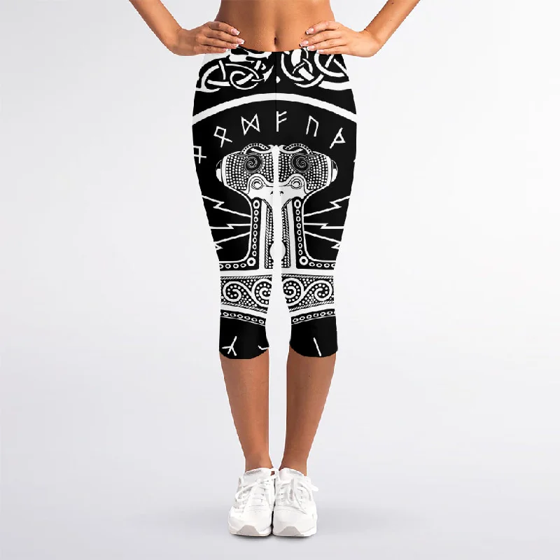 Mjolnir Norse Mythology Print Women's Capri Leggings Elegant Black Leggings