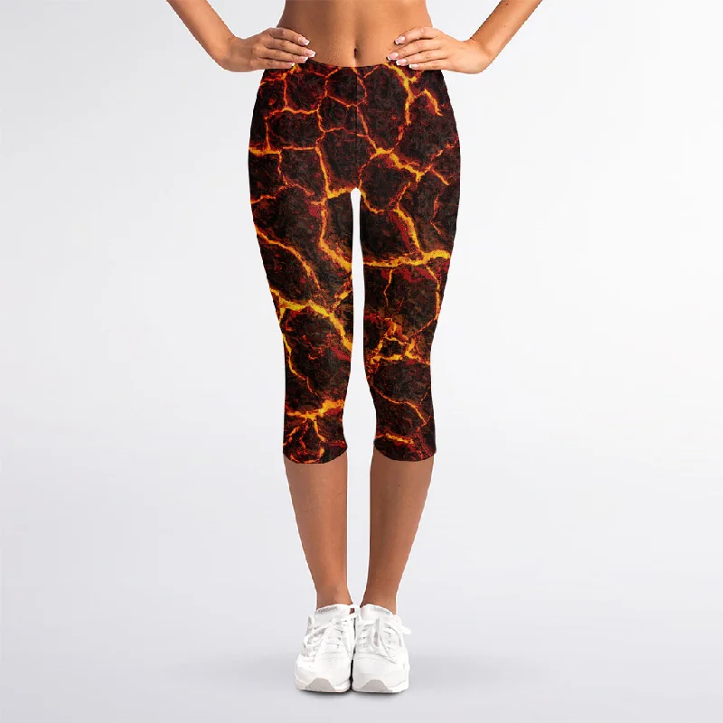 Molten Lava Print Women's Capri Leggings Comfortable Ribbed Sports Leggings