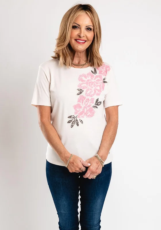 Monari Sequin Floral T-Shirt, Beige Layered Multi-layer Single Layer