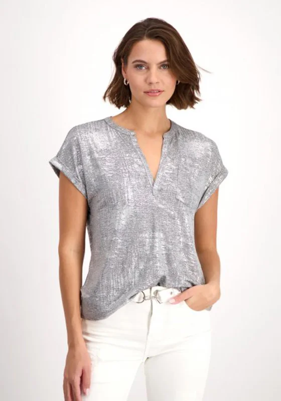 Monari V-Neckline Shiny T-Shirt, Gray Oversized T-Shirt Spandex breathable