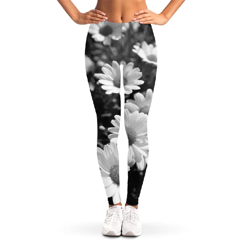 Monochrome Daisy Flower Print Women's Leggings Comfortable Classic Yoga Leggings