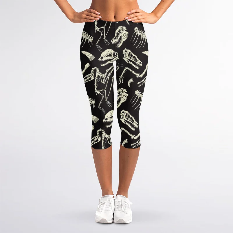 Monochrome Dinosaur Fossil Pattern Print Women's Capri Leggings Comfortable Athletic Tights