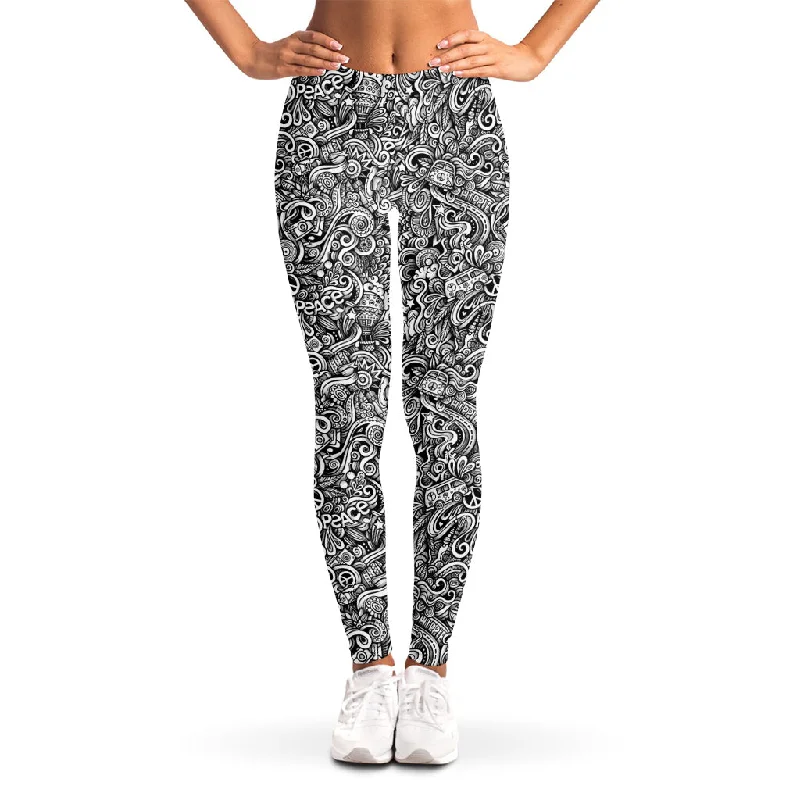 Monochrome Graffiti Hippie Pattern Print Women's Leggings Stylish Sweatproof Leggings