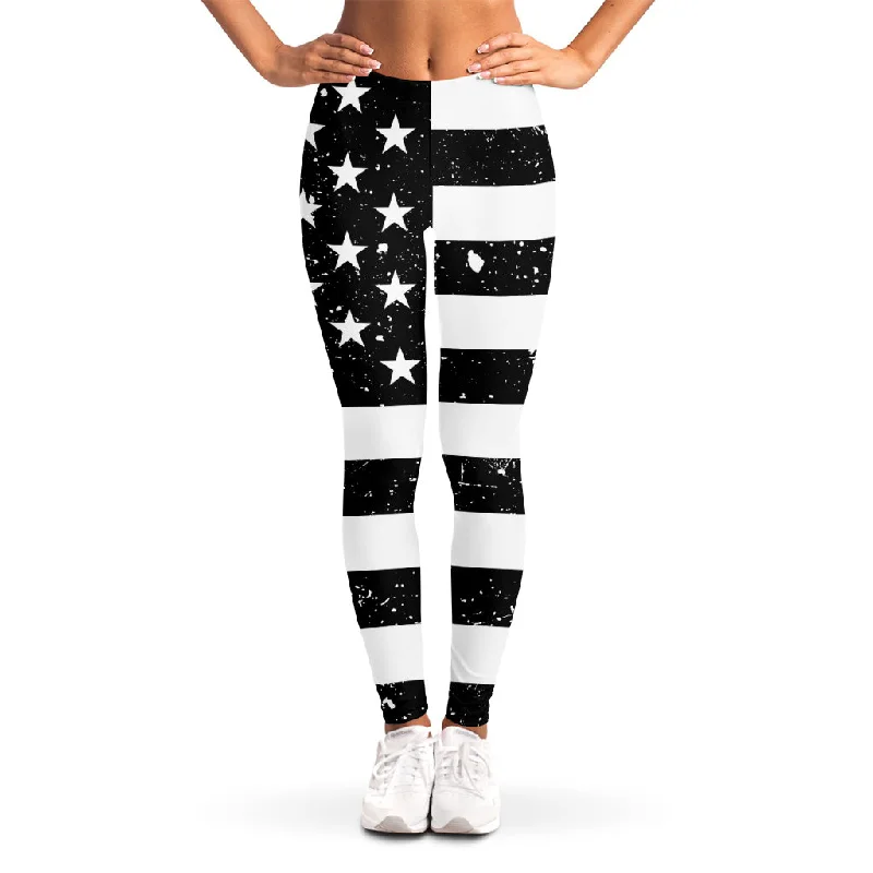 Monochrome Grunge American Flag Print Women's Leggings Stylish Stretch Pants Leggings